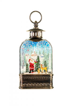 Antique Gold Musical Santa with Nature LED Urn Lantern Snow Globe