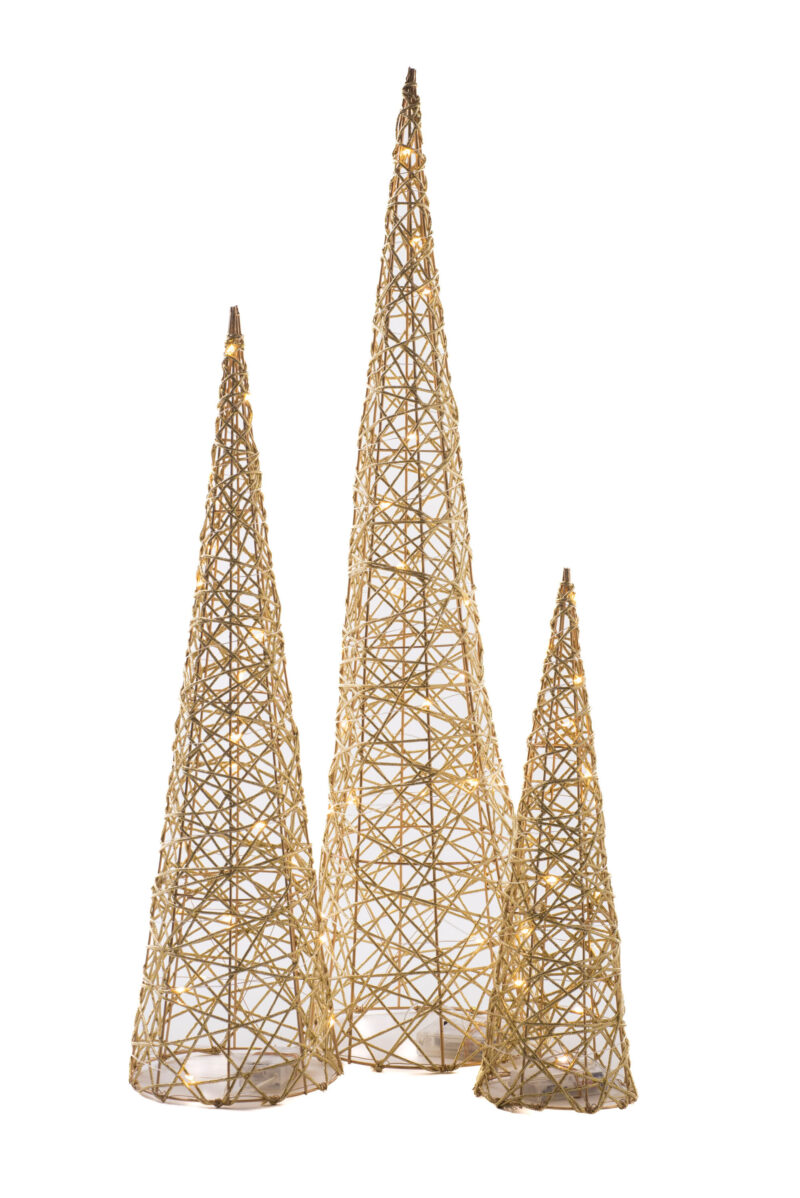 Golden Wireframe Glittered Cone Accent Lighted Tree Set
