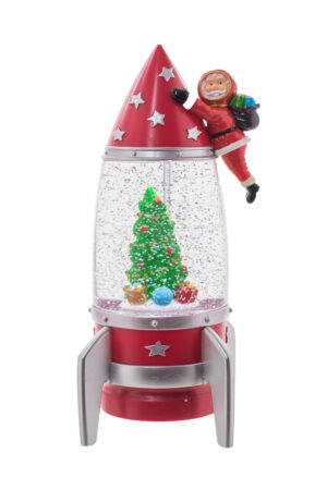 Red Rocket Ship LED Snow Globe with Astro-Santa
