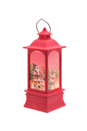 Red Light-Up Small LED Christmas Lantern with Santa-Scape