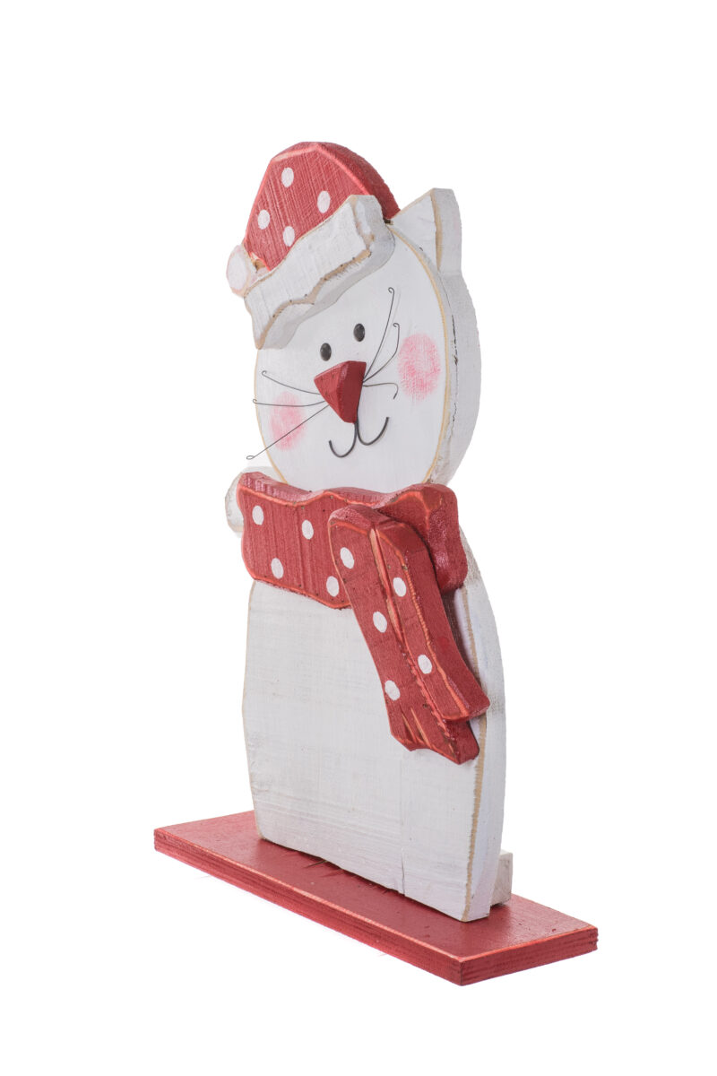 White/Red Wooden Standing Antique Rustic Kitty dressed for Winter - Image 3