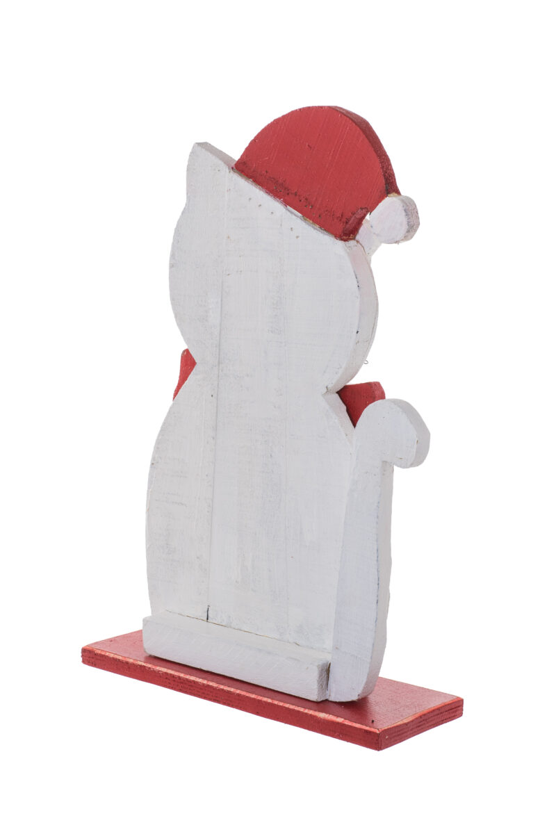 White/Red Wooden Standing Antique Rustic Kitty dressed for Winter - Image 2
