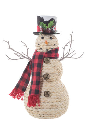 Beige Basketweave Standing Smiling Snowman with Buffalo Plaid Scarf