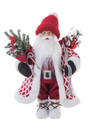 Red/White Fabric Standing Smiling Santa with Medallion Jacket