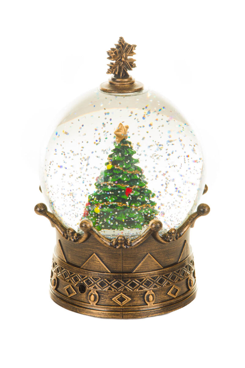 Brass Crowned Christmas Tree Warm White LED Snow Globe with Swirling Glitter - Image 3