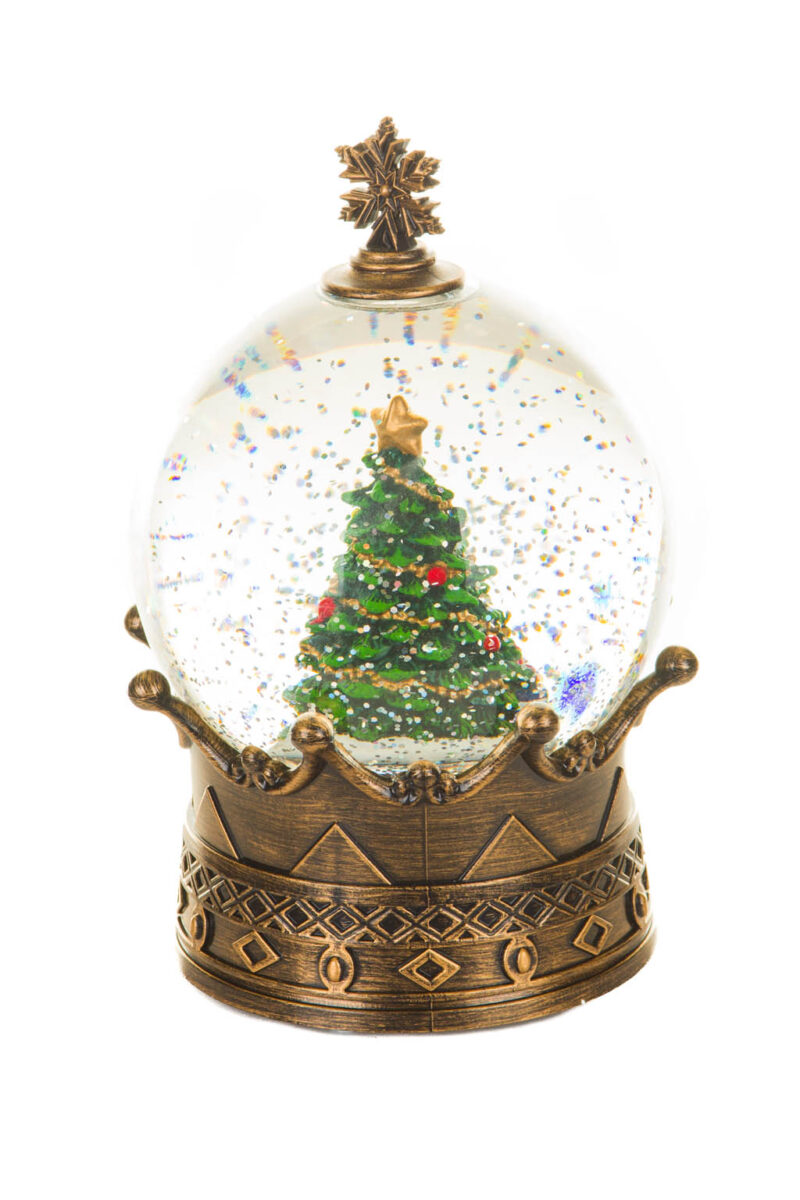 Brass Crowned Christmas Tree Warm White LED Snow Globe with Swirling Glitter - Image 4