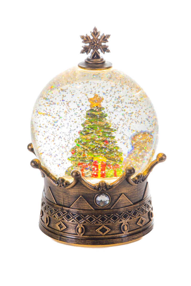 Brass Crowned Christmas Tree Warm White LED Snow Globe with Swirling Glitter - Image 5