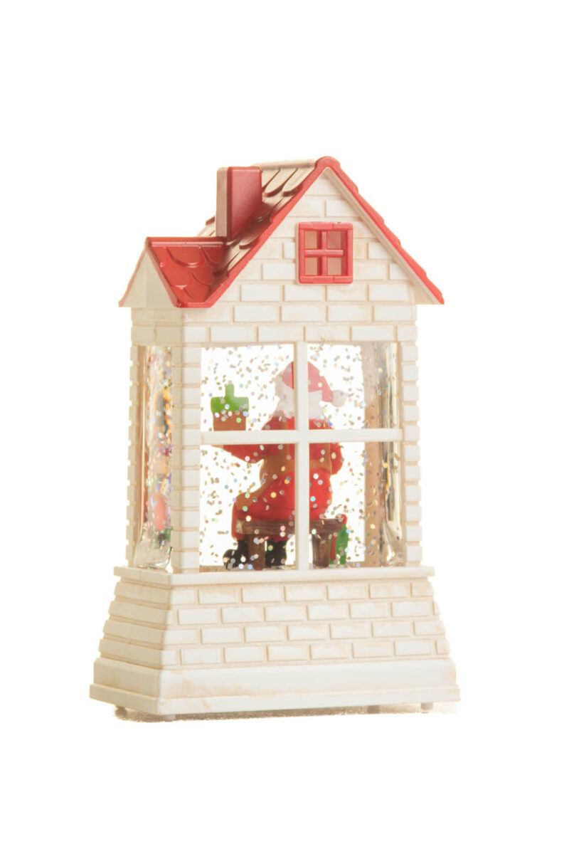 White and Red Brick House Warm White LED Mini Snow Globe with Red Roof - Image 3
