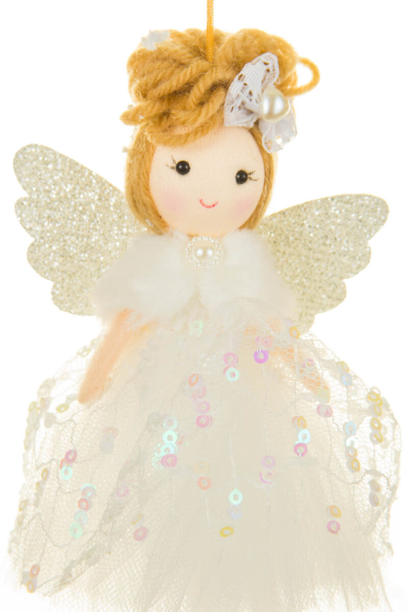 Cute Fancy Hanging Juvenile White Solid Fabric Ballerina Girl Ornament with Done Up Hair Silver Wings - Image 3