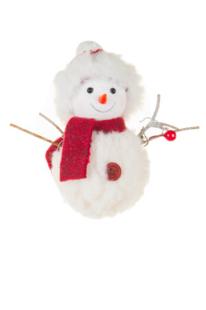 Hanging White and Red Cheery Snowman Ornament in Cozy Wool Scarf
