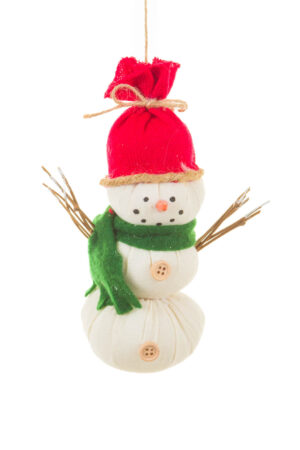Hanging Off-White Fabric Chipper Snowman Wearing Red Hat