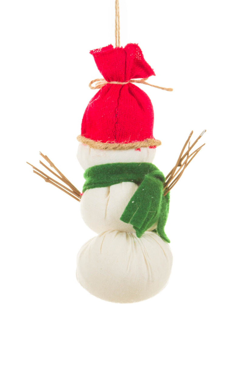 Hanging Off-White Fabric Chipper Snowman Wearing Red Hat - Image 2