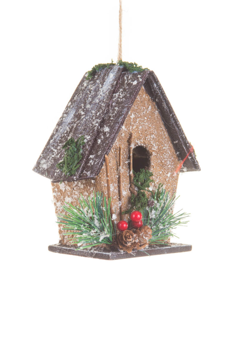 Hangable Frosted Brown Birdhouse Christmas Cabin - Image 2