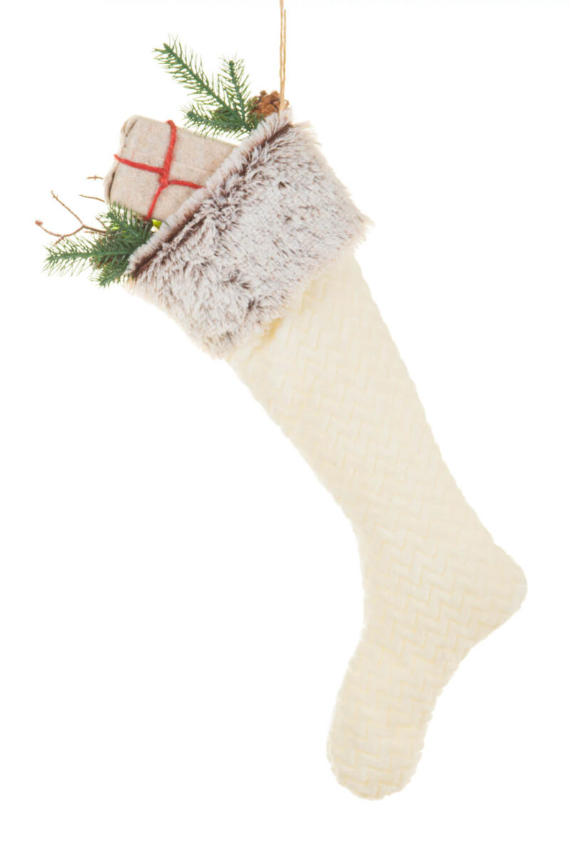 Elegant Hanging White and Grey Fabric Stuffed Stocking with Present Sprays - Image 2