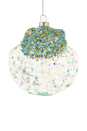 Whimsical Hangable Baby Blue Oyster Ornament with Sequins