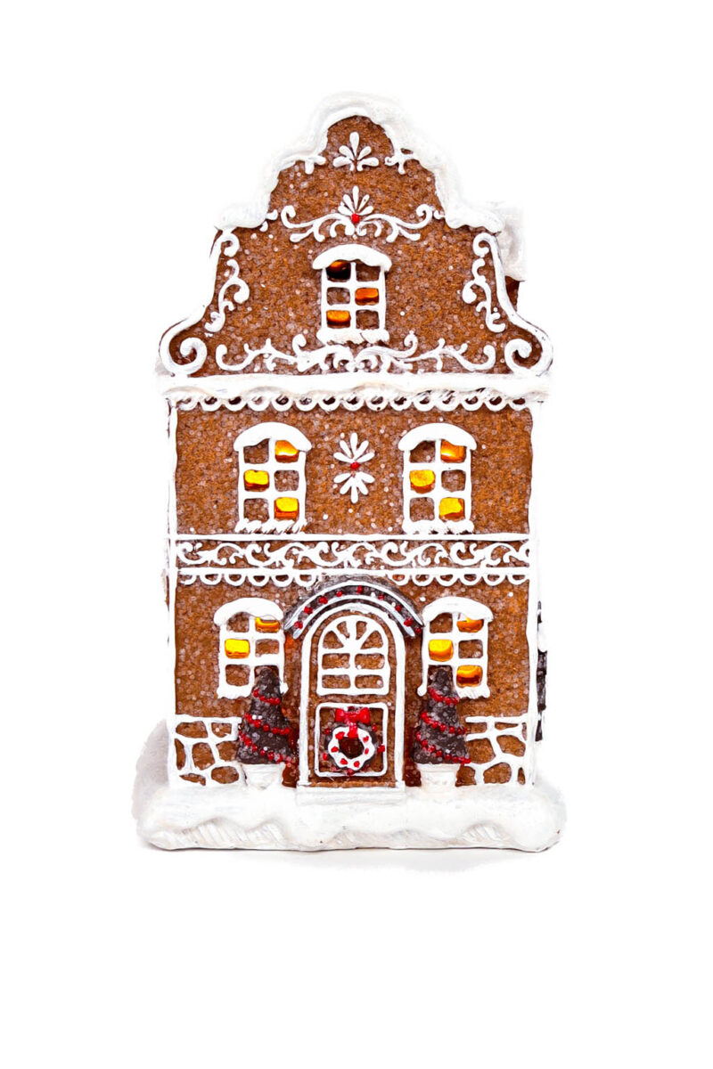 Festive Sitting Brown and White Gingerbread Home with Sequins and Snow