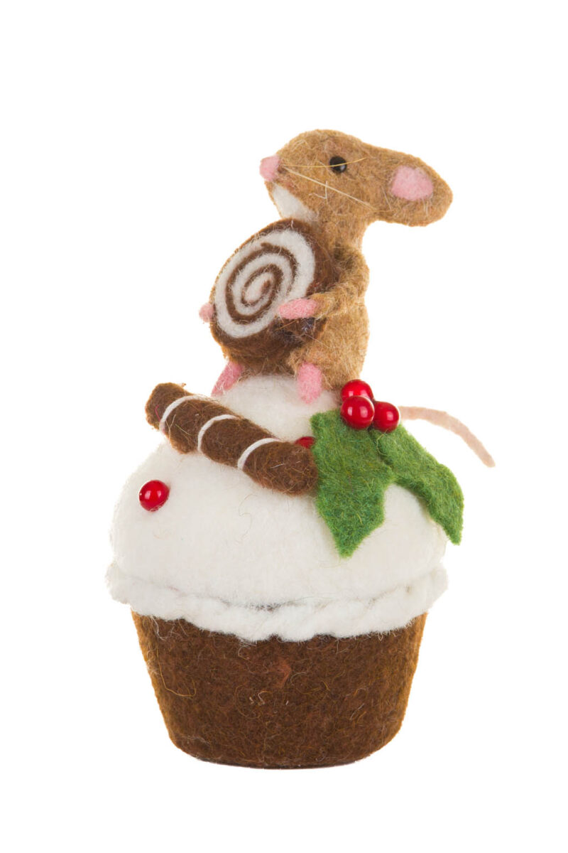 Sitting Brown and White Mouse on Cupcake Figure with a Cinnamon Bun - Image 2