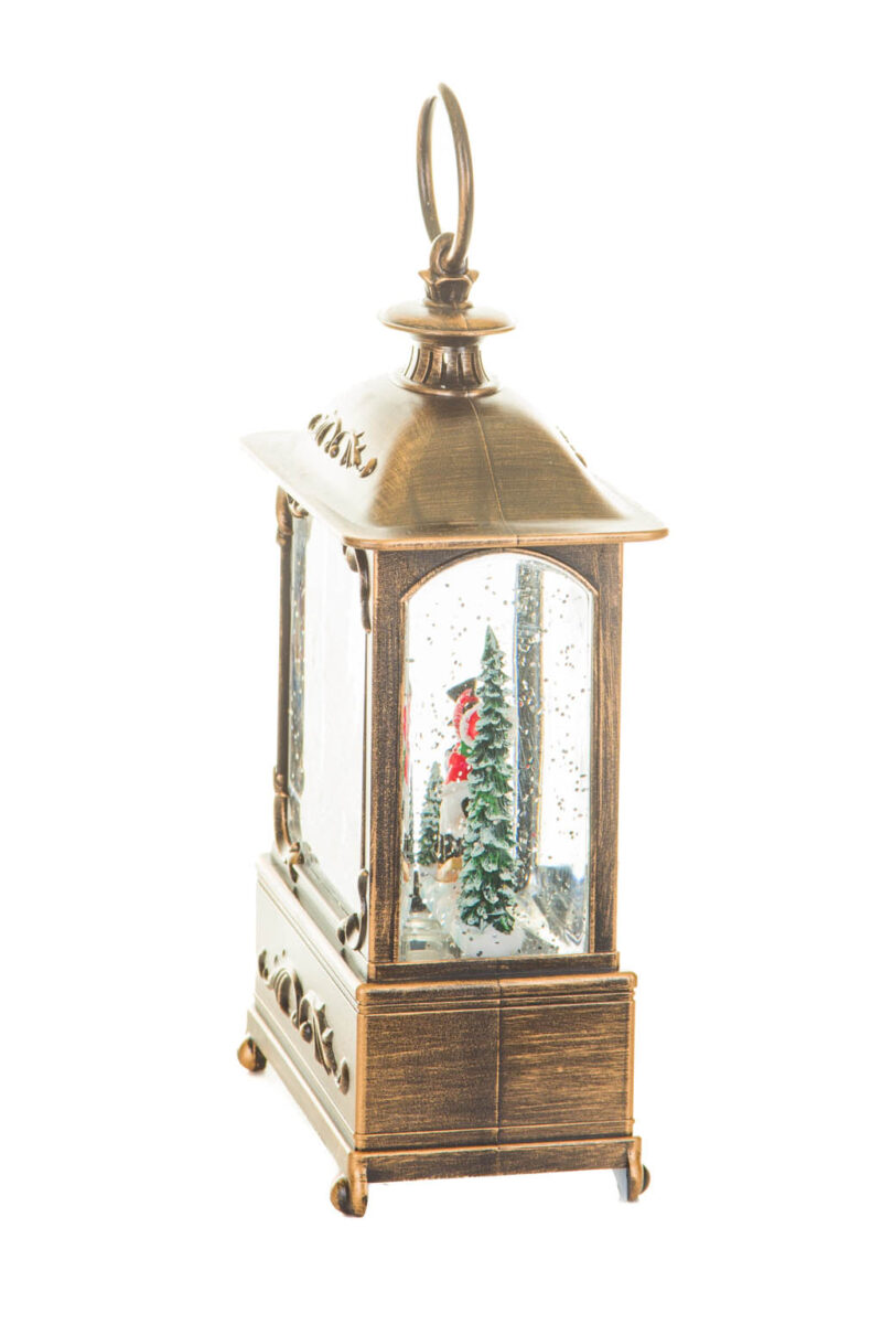 Musical Bronze Skiers Lantern Warm White LED Snow Globe with Swirling Glitter - Image 4