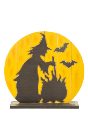 Large Glittery Black and Yellow Wooden Silhouetetted Devious Witch with Her Cauldron