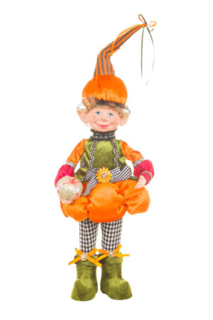 Smiling Animated Orange and Green Boy Elf Wearing a Pumpkin Hat