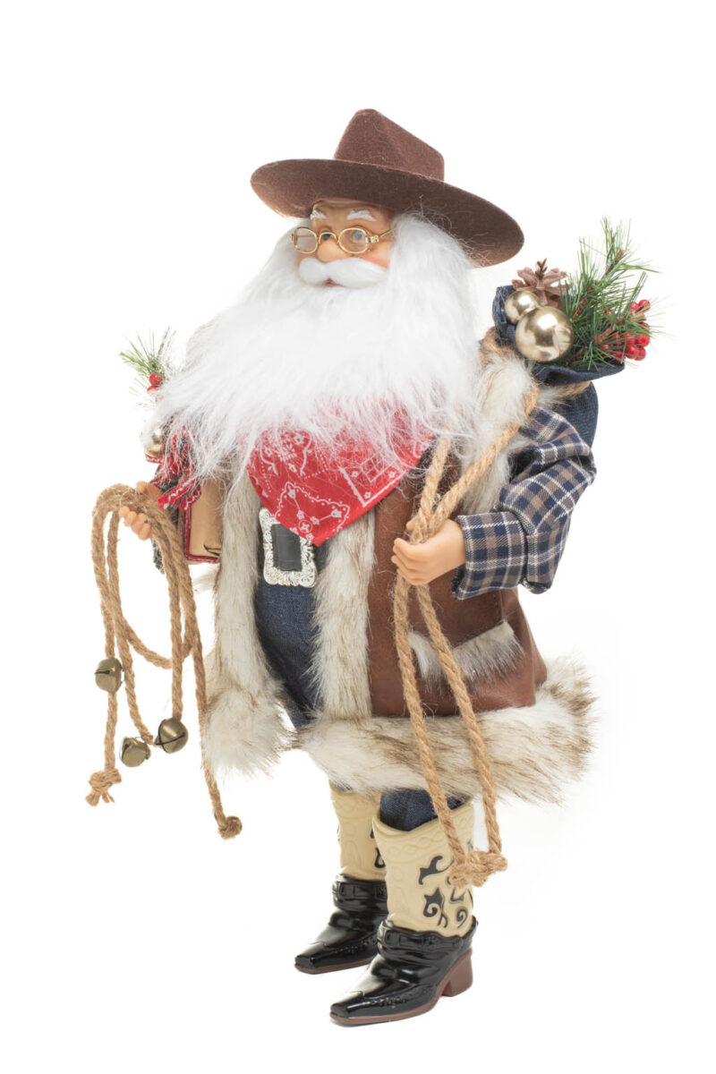 Brown and Blue Plaid Western Santa with Wool Fedora and Gift Bag - Image 2