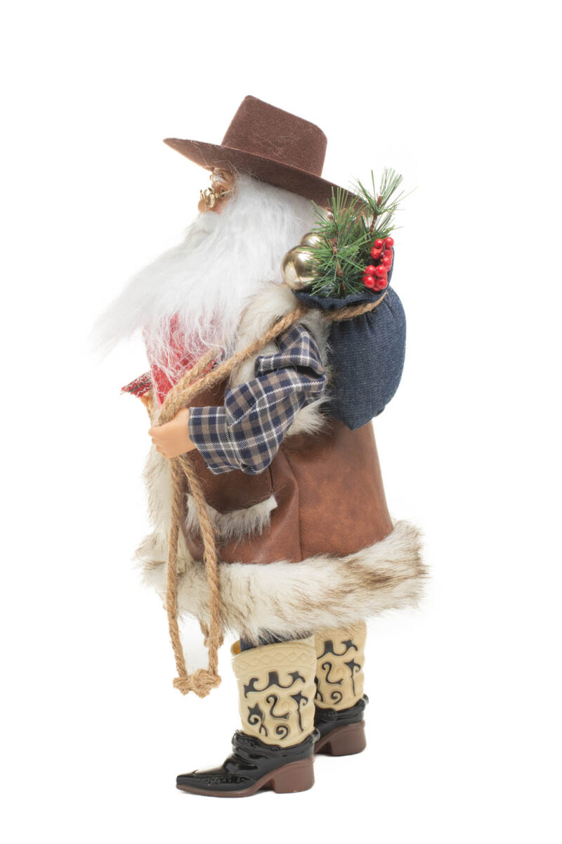Brown and Blue Plaid Western Santa with Wool Fedora and Gift Bag - Image 3