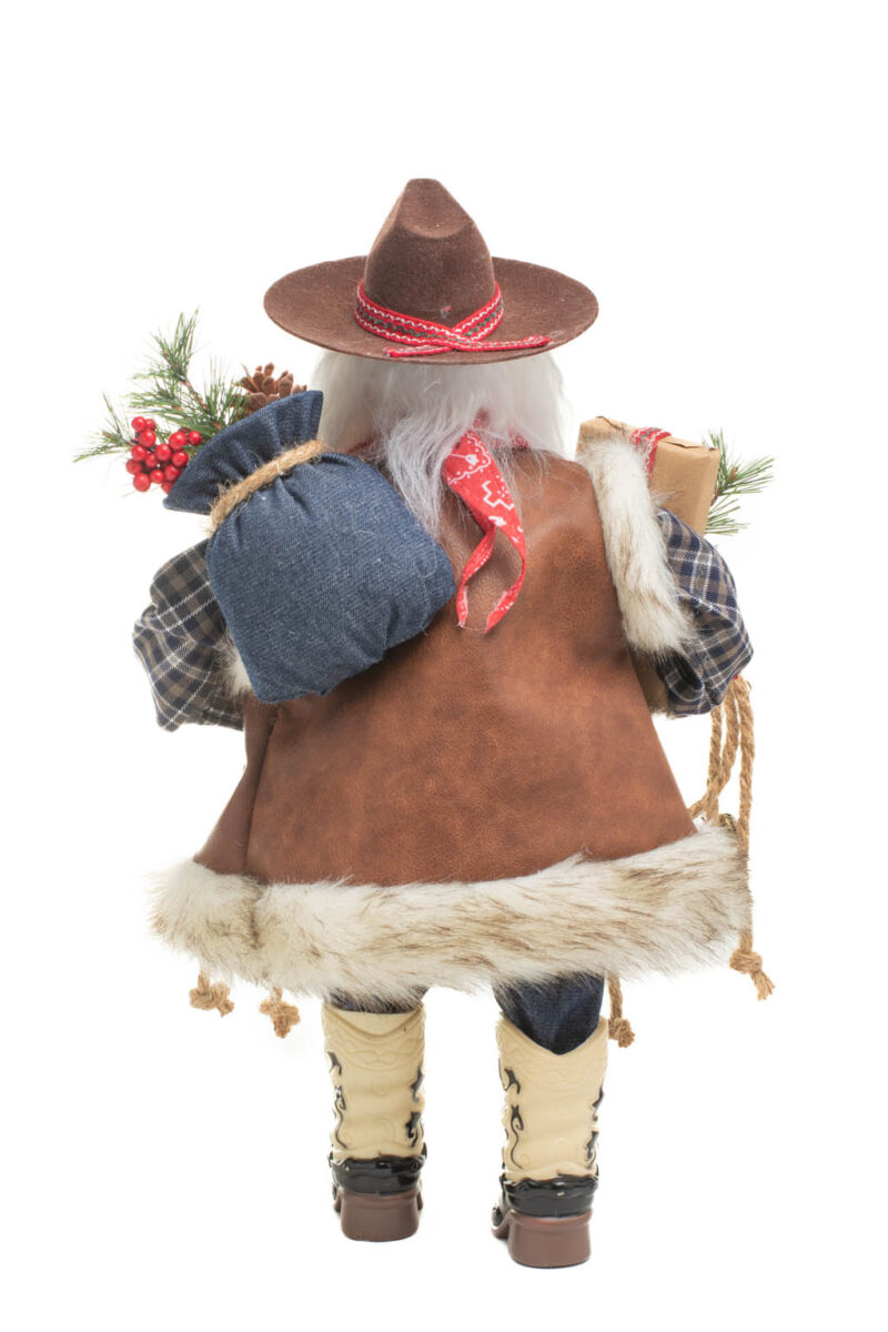 Brown and Blue Plaid Western Santa with Wool Fedora and Gift Bag - Image 4
