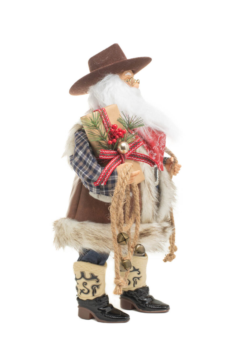 Brown and Blue Plaid Western Santa with Wool Fedora and Gift Bag - Image 5