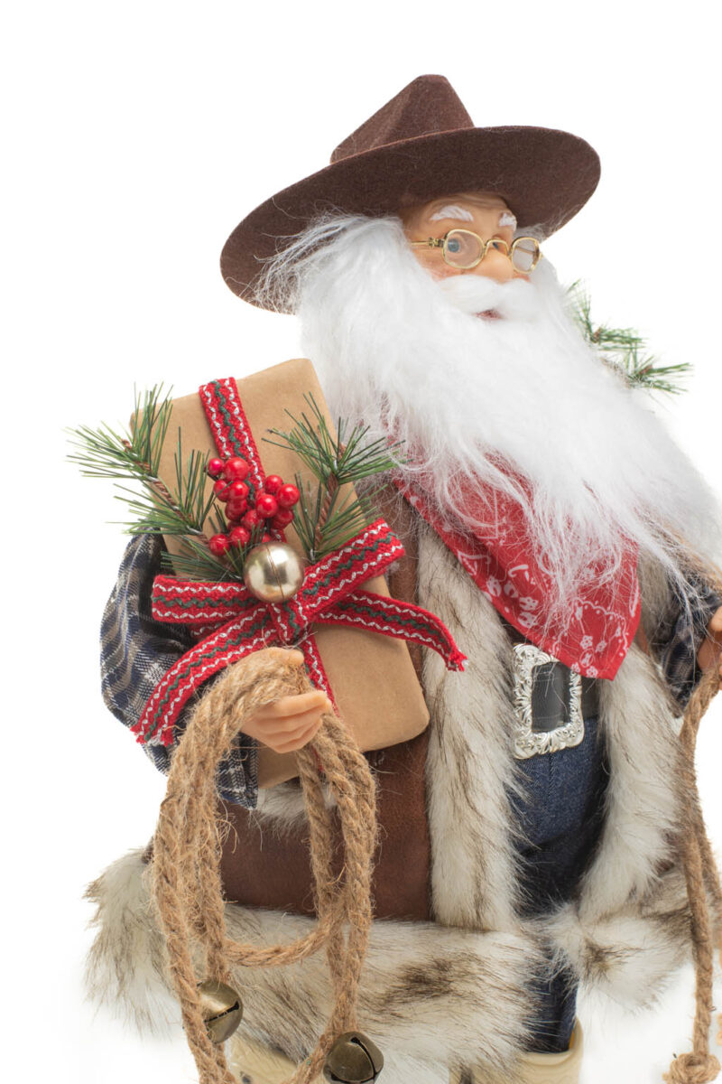 Brown and Blue Plaid Western Santa with Wool Fedora and Gift Bag - Image 6