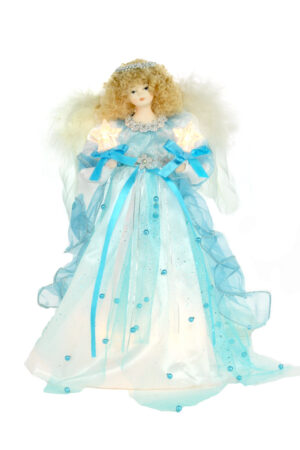 White and Teal Immaculate Snowflake Warm White LED Angel Tree Topper holding Stars