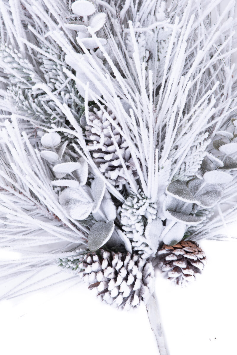 Hangable White and Green Flocked Flocked Teardrop Swag with Pinecones - Image 2
