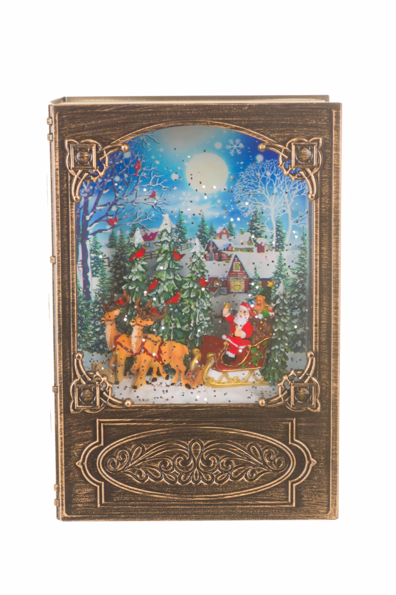 7.5″ Musical Brass Glass Bookend LED Snow Globe with Christmas Eve Santa