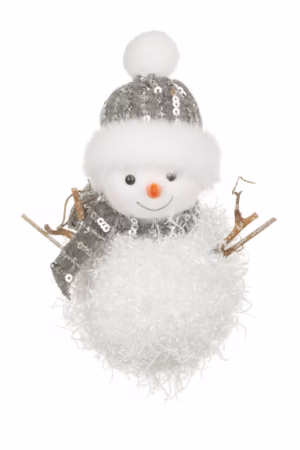 Hanging Silver Capped Snowman Doll With Scarf