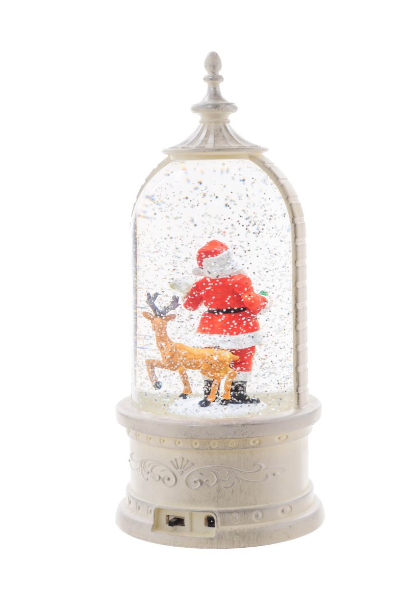 11″ White Plastic Lantern LED Snow Globe with Santa and His Friends - Image 2