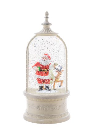 11″ White Plastic Lantern LED Snow Globe with Santa and His Friends