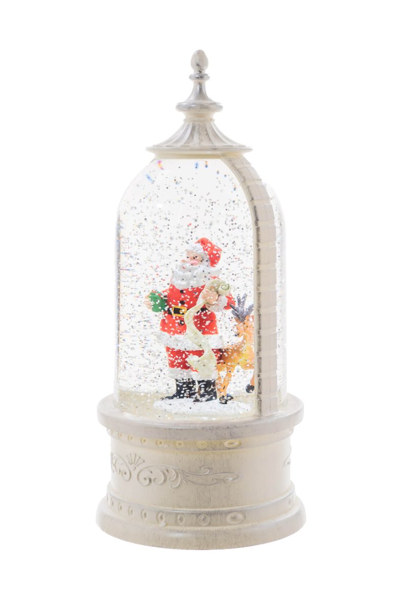 11″ White Plastic Lantern LED Snow Globe with Santa and His Friends - Image 3