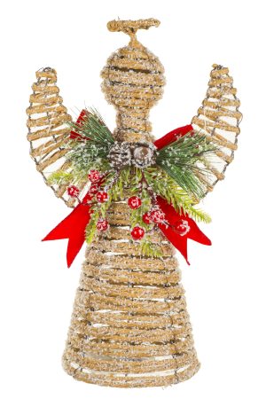 Tan Rattan Wireframe LED Angel Tree Topper With Red Bow