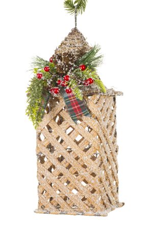 Light Brown Christmas LED Lantern Decoration With Spray