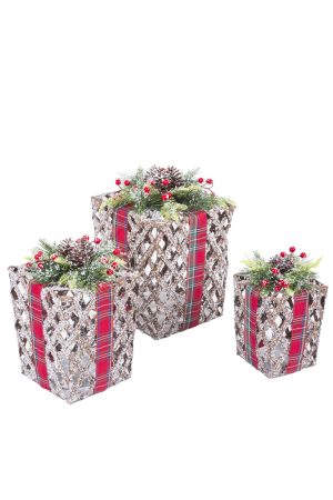 Set of 3 Brown Rustic LED Present Boxes With Spray On Top