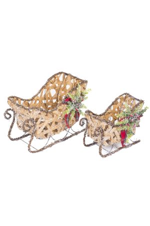 Set of 2 Light Brown Sleigh Accents With Spray