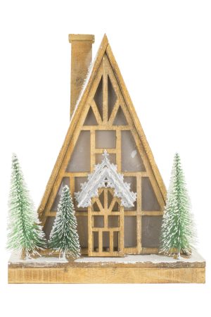Oversized Light Brown LED Triangle House With Evergreen Trees