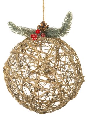 Large Brown Natural LED Ball Ornament With Spray On Top