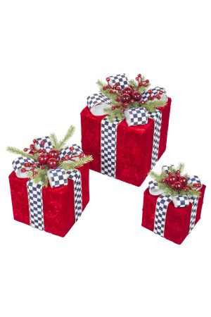 Set of 3 Red Gift Box Accents With Checkered Ribbon