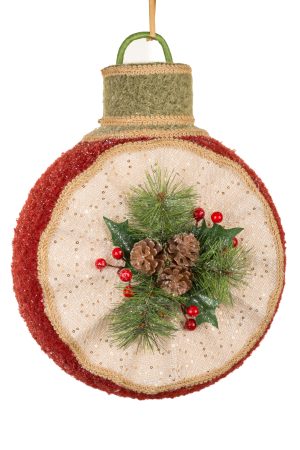 Hanging Cream Reflector-Style Bauble Decoration With Pinecones