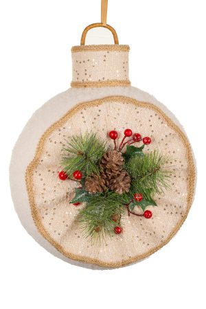 White Reflector-Style Bauble Ornament With Pinecones
