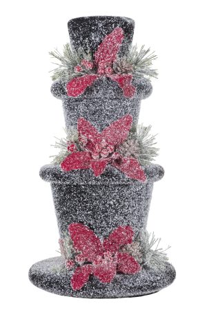 Three-Tiered Black Stacked Top Hat Decoration With Poinsettia