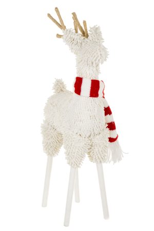 White Chenille Reindeer With Red Striped Scarf