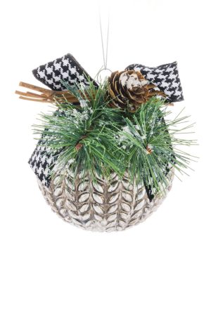 Silver Glass Hanging Armor Ball Ornament with Black Plaid Bowtie