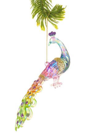 Assorted Iridescent Crystalline Peacock Ornament Looking Foward