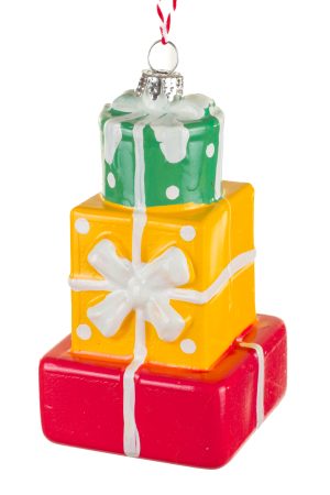 Red Stacked Presents Ornament With White Painted Ribbon